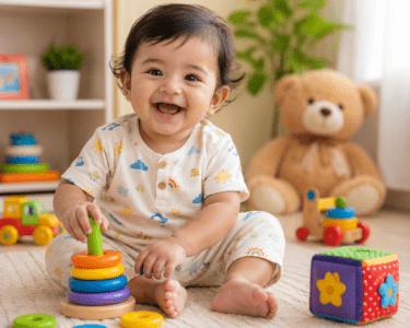 A happy baby wearing a comfortable and soft cotton baby dress